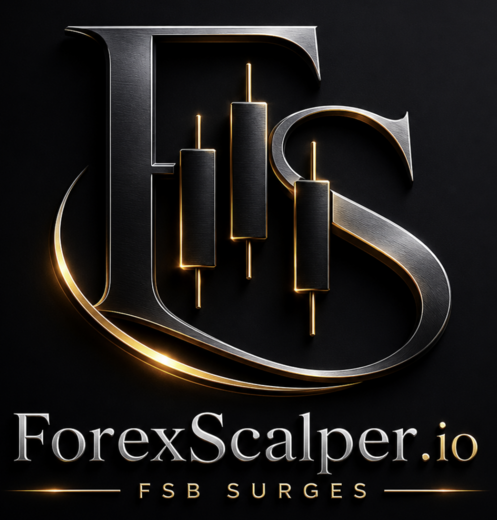 The ForexScalper.io mark: a silver F and S around three gold-edged candles, with the words FSB Surges below.
