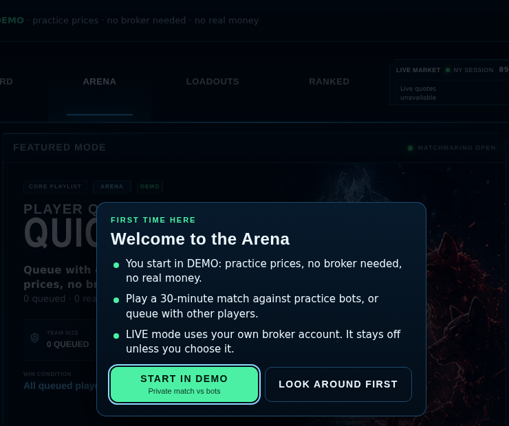 The Arena welcome card: you start in Demo
