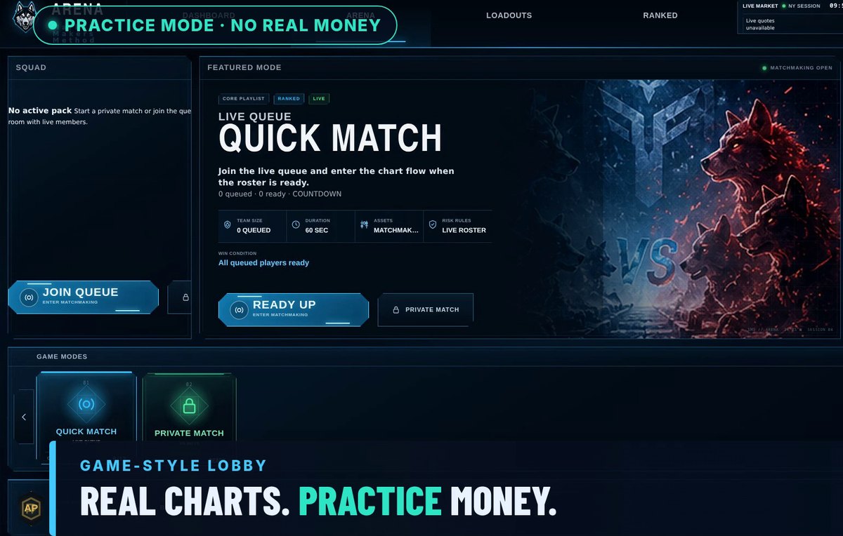 The Trading Arena lobby with a practice match card.