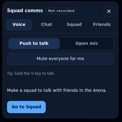 The Squad comms panel: Voice, Chat, Squad and Friends tabs with push to talk