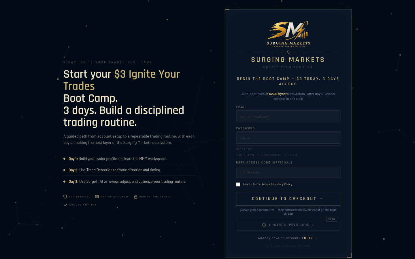 The Surging Markets sign-up page, the first step of the guided setup
